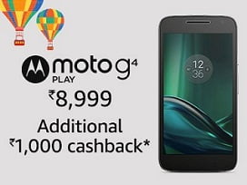 Moto G Play, 4th Gen (4G VoLTE) for Rs.8999 + Rs.1000 Cashback @ Amazon