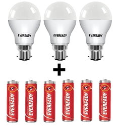 Eveready B22 Base 9-Watt LED Bulb (Pack of 3, Cool Day Light) with 6 1015 AA carbon Zinc Batteries for Rs.299 @ Amazon