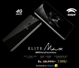 Swipe Elite Max (Onyx Black, 32 GB)  (4 GB RAM) – Flat Rs.5000 Off for Rs.7999 – Flipkart (with CITI Cards Rs.7200)
