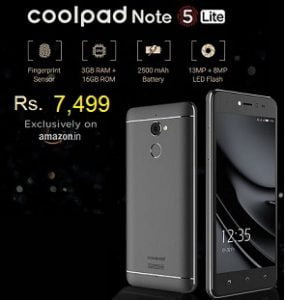 Coolpad Note 5 Lite (Space Grey, 3GB RAM + 16 GB, 4G) for Rs.7499 – Amazon
