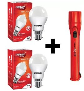 Eveready 9 W Standard B22 D LED Bulb (White, Pack of 2) with LED Torch