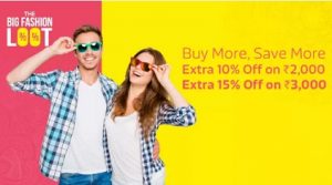 Flipkart Fashion Loot: Upto 80% off + Extra 10% off on Rs.2000 AND Extra 15% off on Rs.3000