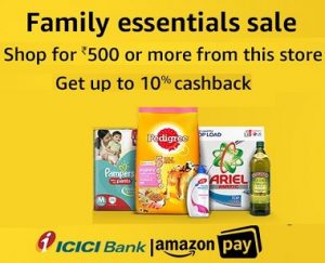 Family Essential Sale: Shop for Min Rs.500 Get up to 10% cashback @ Amazon (For Today Only)