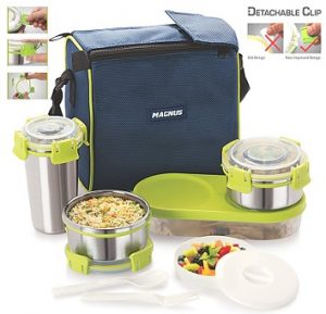Magnus Lunch Box With Detachable Clip Lock, Leak Proof Containers & Bag, Stainless Steel, 5 Pcs Set