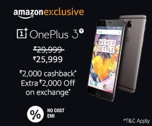 OnePlus 3T Mobile (Gunmetal, 6GB RAM + 64GB memory) for Rs.25,999 + Rs.2000 Cashback on Axis Bank Card – Amazon