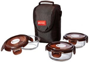 Solimo Glass Lunch Box Set with Bag, 350ml, 3-Pieces