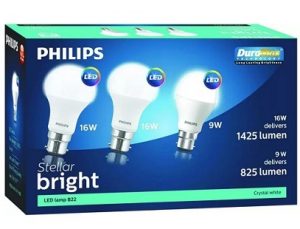 Philips 16 W (2 Pcs.), 9 W (1 Pc.) Standard B22 LED Bulb (White, Pack of 3) for Rs.498 – Flipkart