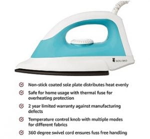 Solimo 1000-Watt Dry Iron for Rs.399 – Amazon (Limited Period Deal)