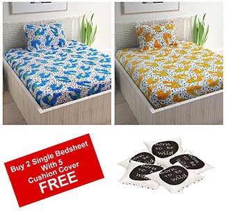 Divine Casa 100% Cotton 2 Single Bedsheet with 2 Pillow Covers, Set of 5 Cushion Covers-Free for Rs.599 – Amazon