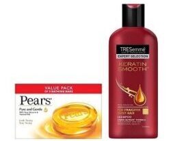 Tresemme Keratin Smooth with Argan Oil Shampoo 190ml with Pears Pure and Gentle Soap Bar, 125g (Pack of 3) for Rs.217 – Amazon