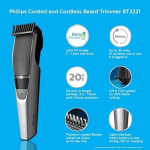 DuraPower Beard Trimmer BT3221/15 - Corded & Cordless, Titanium Blades