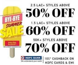 Myntra Bye Bye Summer Sale: Up to 70% off + Extra 10% Cashback up to 500 using HDFC Cards