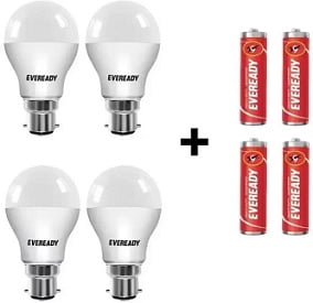 Eveready 10 W Round B22 LED Bulb (Pack of 4) with Free Batteries