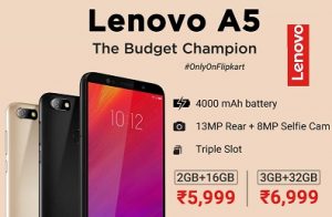 Lenovo A5 – The Budget Champion (2 GB, 16 GB) for Rs.5,999 and (3 GB, 32 GB) for Rs.6,999 @ Flipkart