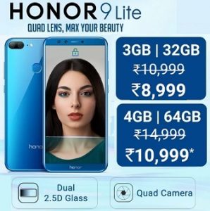 Honor 9 Lite Mobile (32 GB ROM, 3GB RAM) for Rs.7,999 @ Flipkart (Valid till 8th March)