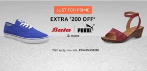 Extra Rs.200 instant Discount on purchase of Shoes minimum worth Rs.500 (only for Prime Members) – Amazon