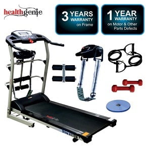 Healthgenie 6in1 Motorized Treadmill 4112M (2.0 HP) with Massager, Sit-ups, Tummy Twister, Dumbbells, Resistant Tubes for Rs.26,999 @ Amazon