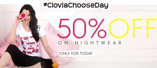 Flat 50% off on Nightwear + Free Camisole on order worth Rs.799 @ Clovia