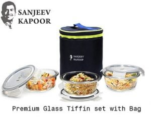 Sanjeev Kapoor Boston Borosilicate Glass Round Lunch Box 3 pcs Set with Bag, 400 ml