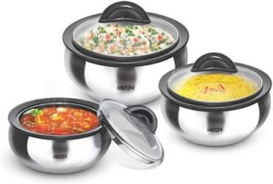 Milton Clarion Jr Stainless Steel Casserole with Glass Lid, Set of 3 for Rs.1549 – Amazon