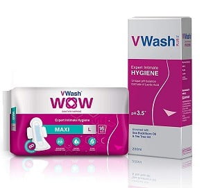 VWash Plus 200ml & Wow Maxi Thin Sanitary Napkin – 16 Pieces (Large) for Rs.235 – Amazon