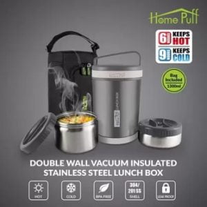 Home Puff Double Wall Vacuum Insulated Stainless Steel Metallic Grey 3 Containers Lunch Box