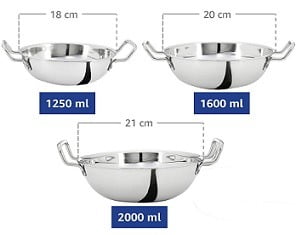Solimo Stainless Steel Induction Bottom Kadhai Set (3 pieces, 1250ml, 1600ml and 2000ml)