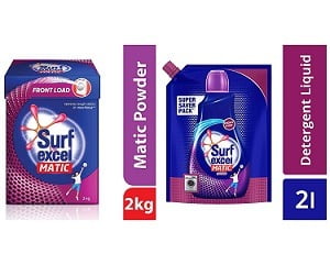 Surf Excel Matic Front Load Detergent Powder, 2 kg & Front Load Matic Liquid Detergent Pouch – 2 L for Rs.390 – Amazon