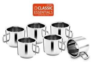 Classic Essentials Pack of 6 Stainless Steel Double Walled Tea Cup, 60ml for Rs.479 – Amazon
