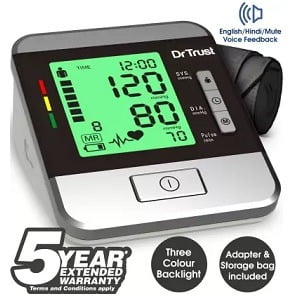 Dr. Trust Goldline with Talking Guidance and 3 Color Hypertension Alert LCD indicator and Power Adapter Included Blood Pressure Monitor