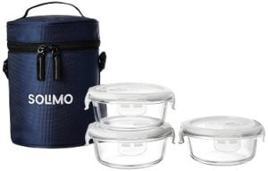 Solimo Borosilicate Glass Lunch Box Set with Sliding Air Vents and Bag (3 pieces, 400ml) for Rs.749 @ Amazon