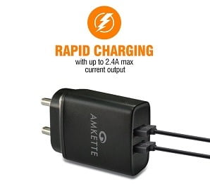 Amkette PowerPro Smart Dual Port Wall Charger 2.4 Amp for Rs.379 @ Amazon