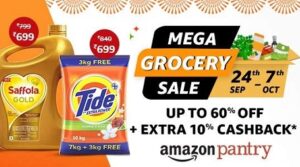 Amazon Mega Grocery Sale: Up to 60% off + Extra 10% Back (Valid till 7th Oct)