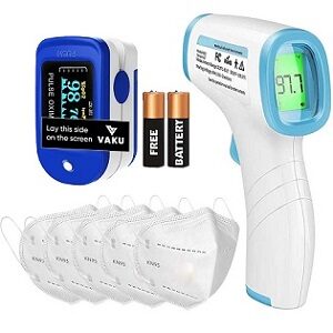 DR VAKU® 3in1 Pack includes 1x Fingertips Pulse Oximeter, 1x Non-Contact Infrared Digital Thermometer & KN95 Face Mask (Pack of 5)