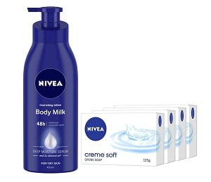 NIVEA Body Milk Nourishing Lotion (400 ml) & Creme Soft Soap (125gm X 4) for Rs.199 @ Amazon