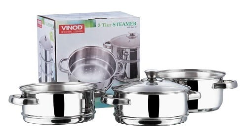 Vinod Stainless Steel 3 Tier Steamer with Glass Lid -18 cm (Induction Friendly) for Rs.970 @ Amazon