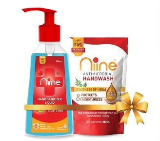 Niine Hand Sanitizer Liquid 70% Alcohol 500 ml + 180ml Hand wash Refill for Rs.130 @ Amazon