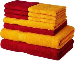 Amazon Brand - Solimo 100% Cotton 10 Piece Towel Set, 500 GSM (Spanish Red and Sunshine Yellow)
