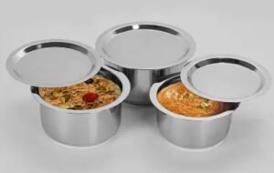 Vinod Stainless Steel 3 Pcs Induction Bottom Patila/Tope with Lids (1.4L, 1.8L, 2.2L) for Rs.1398 @ Amazon