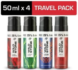 Wild Stone Forest Spice, Legend, Ultra Sensual & Red Travel Pack (50ml each) Deodorant Spray - For Men (200 ml, Pack of 4)