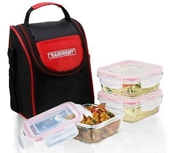 Kaiserhoff 3 Pcs Square Glass Lunch Box Set with Lunch Bag, 320 ml