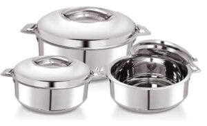WARMEO Stainless Steel Solid Casserole Set of 3 – 1000 ml, 1500 ml, 2500 ml for Rs.1699 @ Amazon