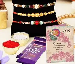 ARCHIES Rakhi For Brother Set of 3 Crystal Stone with Greeting Card, 2 Dairy Milk Chocolates 24 gms, Roli Chawal 10 gms for Rs.169 @ Amazon