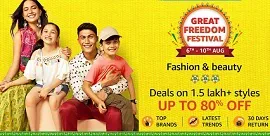 Amazon Great Freedom Festival – Top Brands Clothing, Footwear & Accessories up to 80% Off + 10% Off with SBI Credit Card