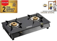 Donlim 2 Burner Glass Gas Stove with 7MM Toughened Black Glass Door Step Service Available Pan India (Warranty 2 Years on Product & 5 Years on Brass Burners)