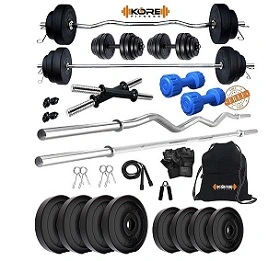 Kore PVC 20-50 Kg Home Gym Set with One Plain + One Curl and One Pair Dumbbell Rods with Gym Accessories and PVC Dumbbells for Rs.1720 @ Amazon