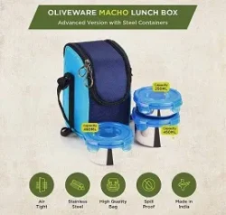 Oliveware Macho Lunch Box Steel Range, Leak Proof 3 Air-Tight Containers with Bag