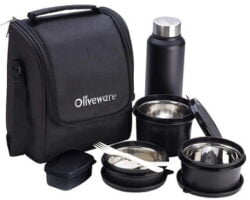 Oliveware Teso Lunch Box with Bottle 3 Stainless Steel Containers and Pickle Box with Insulated Fabric Bag