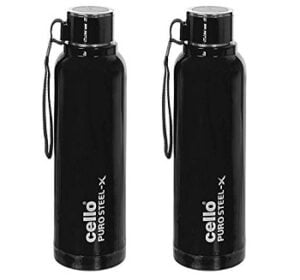 Cello Puro Steel-X Benz Water Bottle with Inner Steel and Outer Plastic, 900 ml, Set of 2
