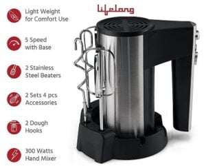 Lifelong LLHM03 Infinia 350-Watt Hand Mixer/Beater with 2 Stainless Steel Beaters & 2 Dough Hooks (5 Speed Control)